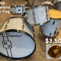 1938 Slingerland Radio King 3 piece + snare - $3,500 24” bass, 13” rack tom, 16” floor tom, 5x14” snare. Kit has been re-covered.