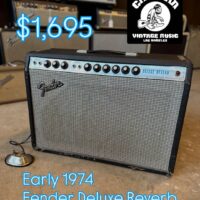 1974 Fender Deluxe Reverb amp. Previous owner replaced the output transformer, speaker, and ground switch.