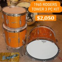 1965 Rogers Tower 3pc kit in Gold Glitter Glass wrap - $2,050. 20”x14” kick,14”x14” floor & 12”x8” rack tom.